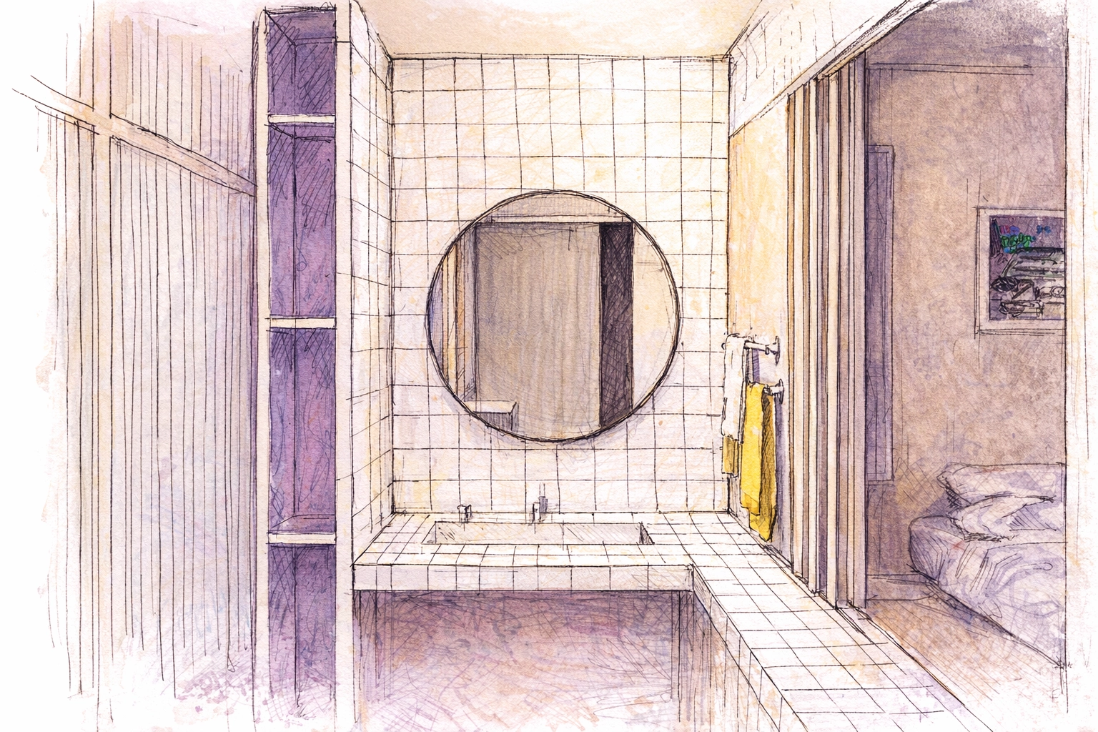 Sketch: View from the kitchen to the bathroom